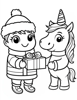 Unicorn and Boy Exchanging Gift in Winter Scene Coloring Page