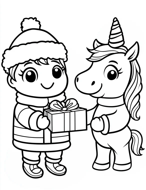 Unicorn and Boy Exchanging Gift in Winter Scene Coloring Page