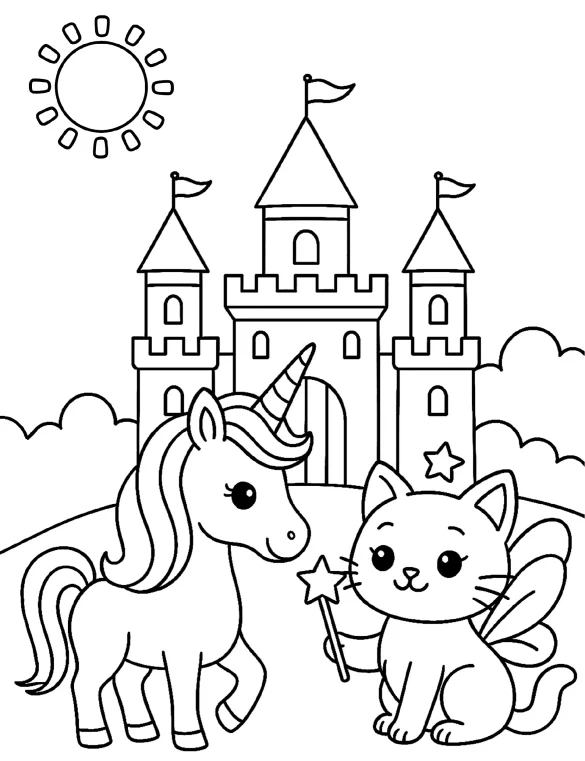 Unicorn and Fairy Cat with Castle and Sun Coloring Page