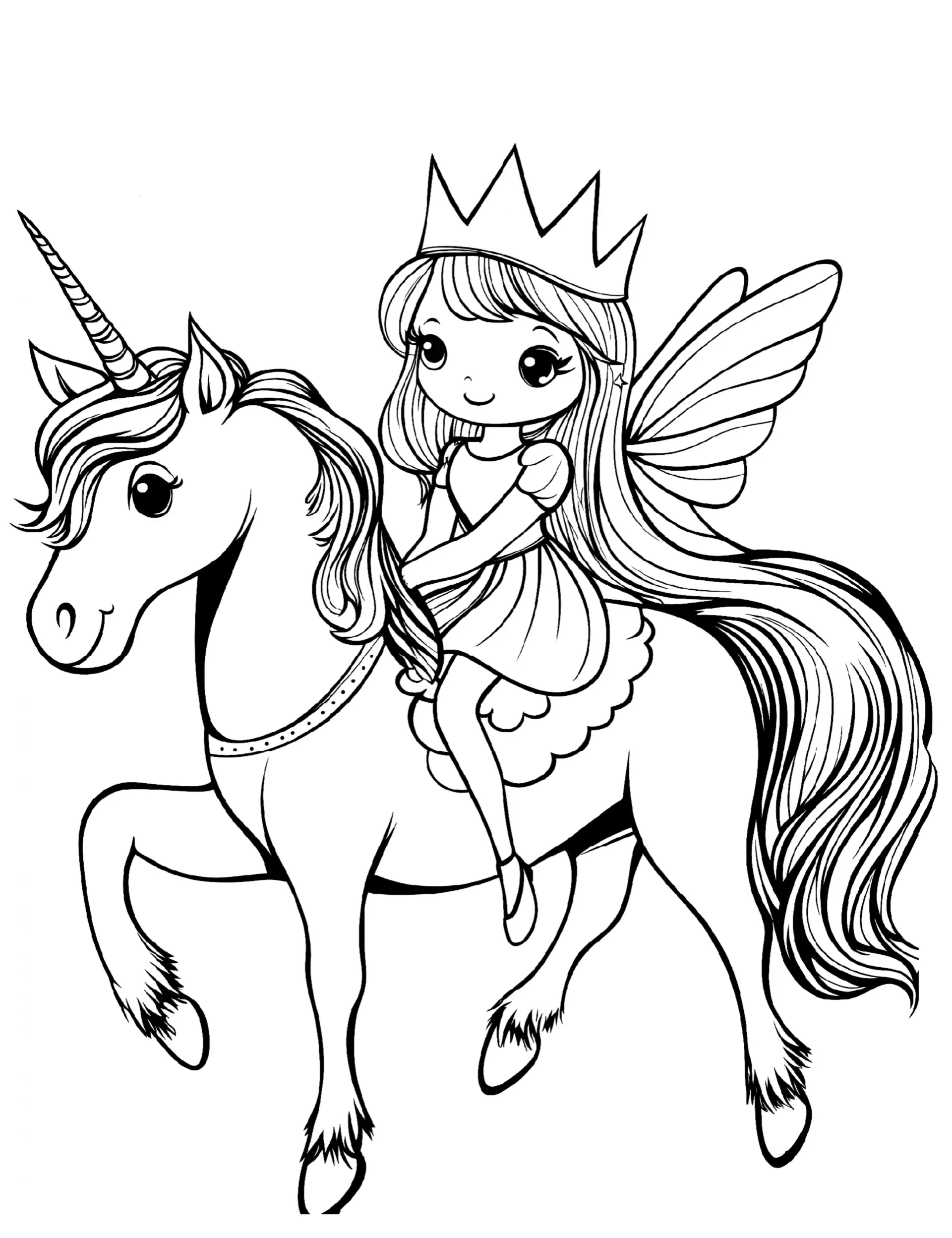 Unicorn and Fairy Friend with Crown and Wings Coloring Page