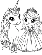 Unicorn and Fairy Princess with Crown Coloring Page