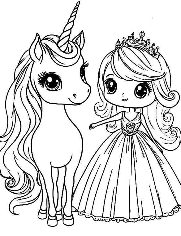 Unicorn and Fairy Princess with Crown Coloring Page