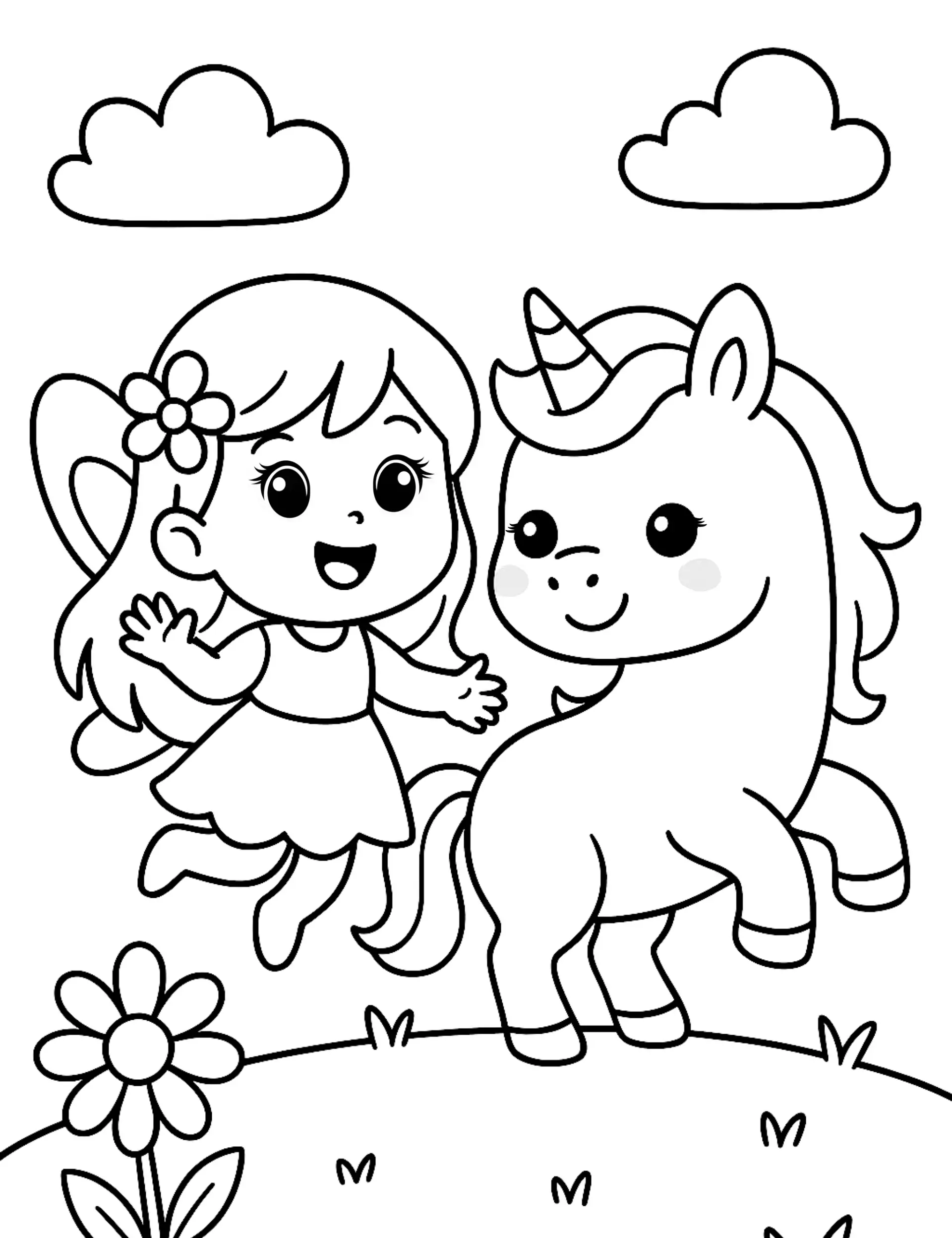 Unicorn and Girl with Flower on a Sunny Day Coloring Page