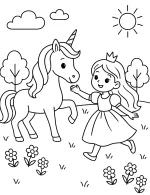 Unicorn and Little Princess Playing in the Garden with Flowers Coloring Page
