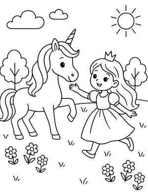 Unicorn and Little Princess Playing in the Garden with Flowers Coloring Page