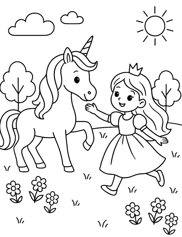 Unicorn and Little Princess Playing in the Garden with Flowers Coloring Page