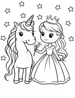 Unicorn and Princess with Crown and Stars Holding Flowers Coloring Page