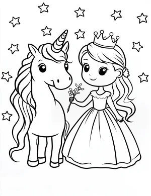 Unicorn and Princess with Crown and Stars Holding Flowers Coloring Page