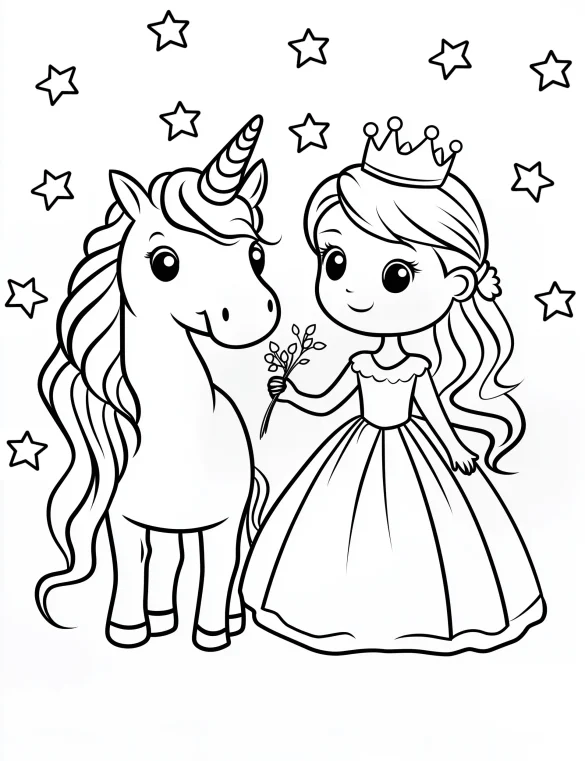 Unicorn and Princess with Crown and Stars Holding Flowers Coloring Page