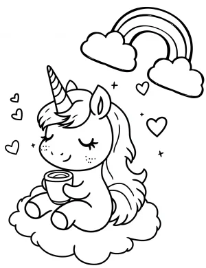 Unicorn and Rainbow Sitting on Cloud with Cup Coloring Page