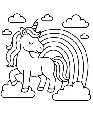 Unicorn and Rainbow with Clouds Coloring Page