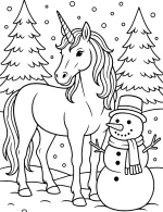 Unicorn and Snowman in Snowy Winter Forest Scene Coloring Page