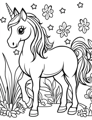 Unicorn at Enchanted Forest with Flowers and Star Coloring Page
