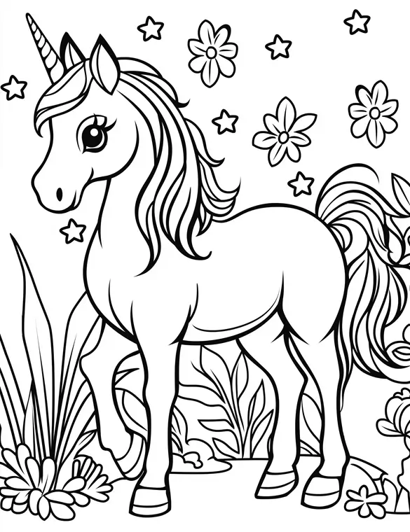 Unicorn at Enchanted Forest with Flowers and Star Coloring Page