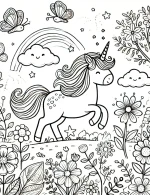 Unicorn in Enchanted Kingdom with Rainbow, Butterflies, and Flowers Coloring Page