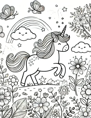 Unicorn in Enchanted Kingdom with Rainbow, Butterflies, and Flowers Coloring Page