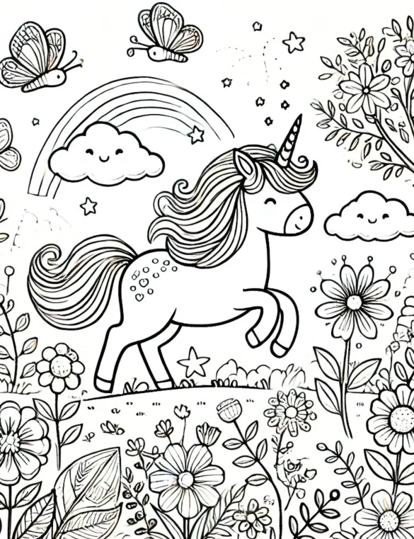 Unicorn in Enchanted Kingdom with Rainbow, Butterflies, and Flowers Coloring Page