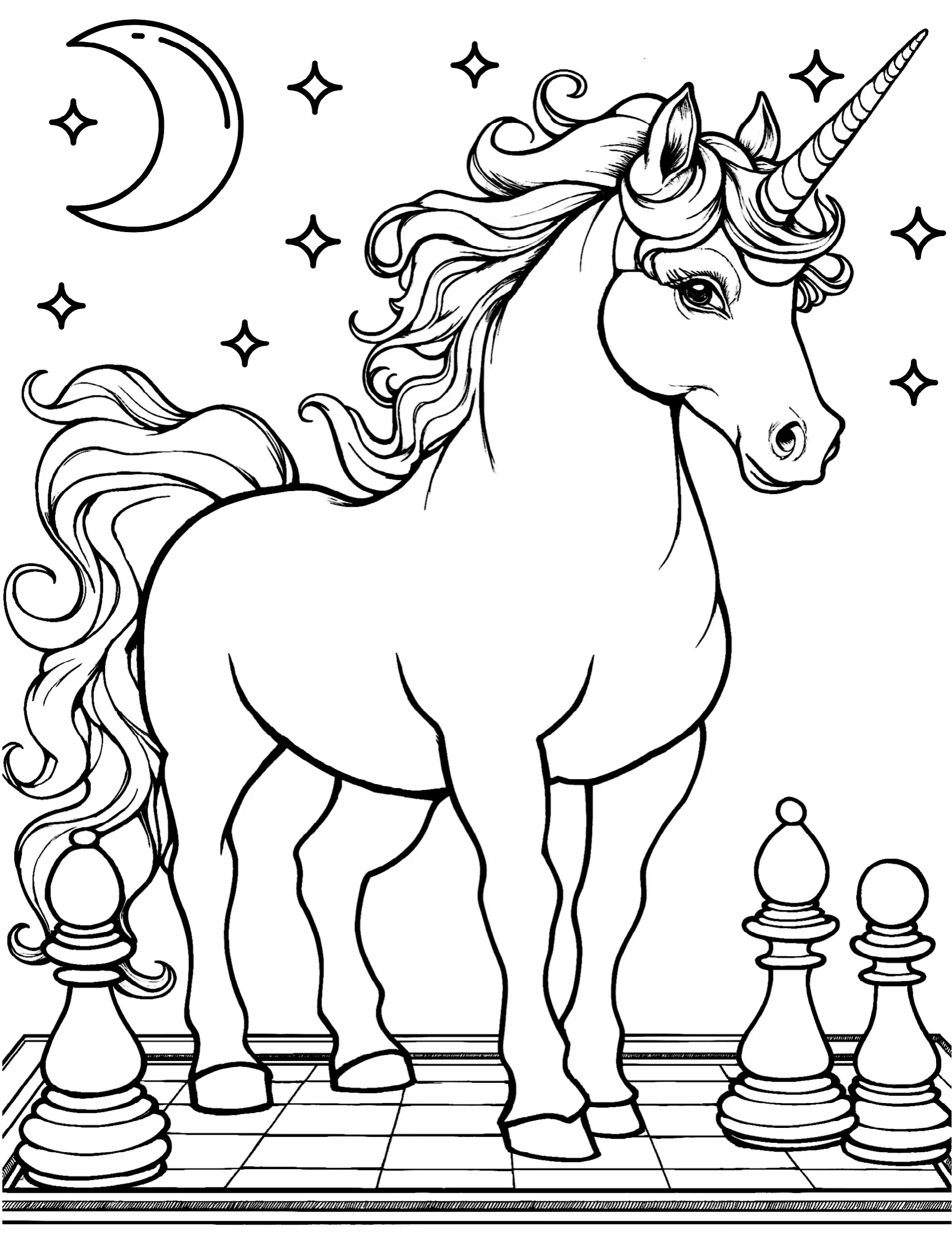Unicorn in Magical Landscape with Chessboard and Stars Coloring Page