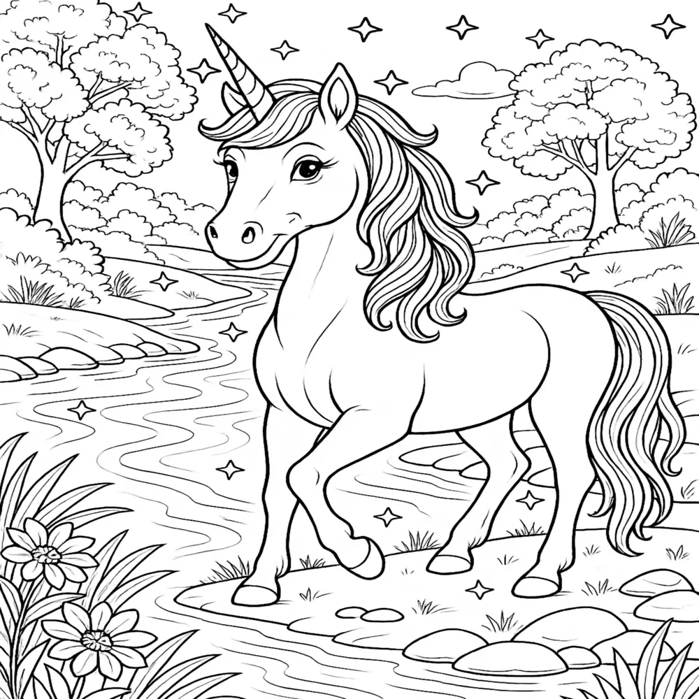 Unicorn in Magical Landscape with Flowers and Stream Coloring Page