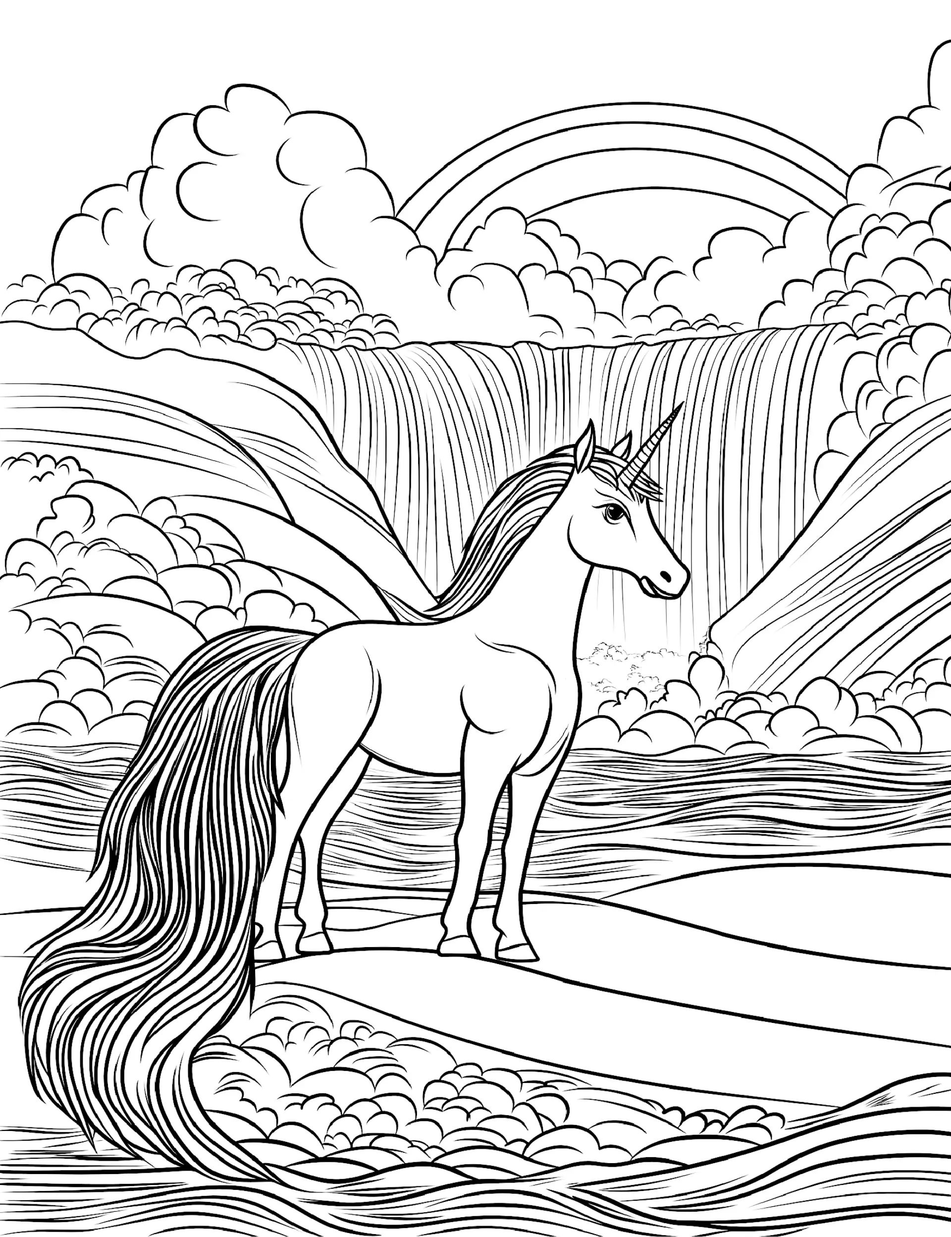Unicorn in Magical Landscape with Waterfall and Rainbow Coloring Page