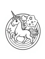 Unicorn in Rainbow Circle with Stars Coloring Page
