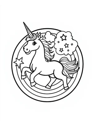Unicorn in Rainbow Circle with Stars Coloring Page