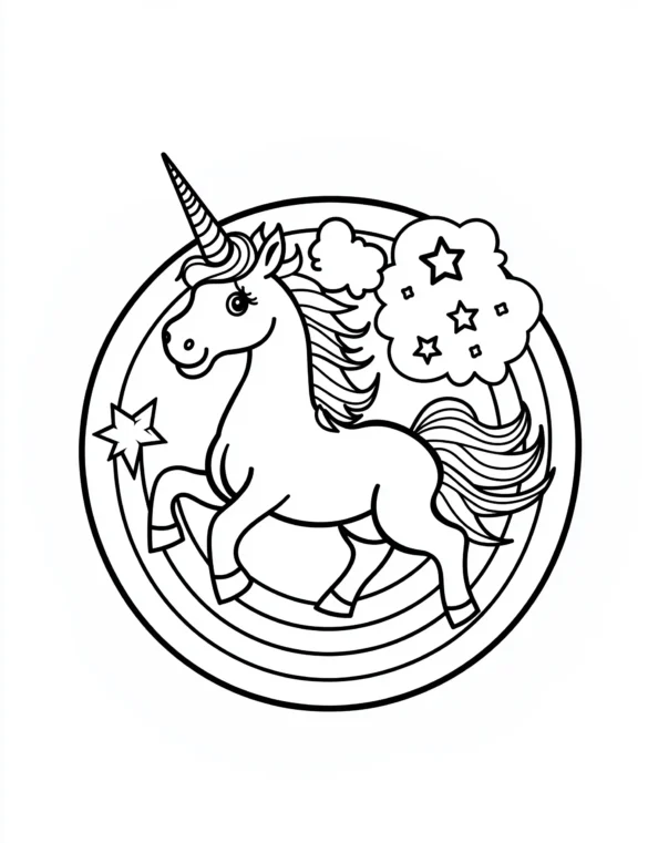 Unicorn in Rainbow Circle with Stars Coloring Page