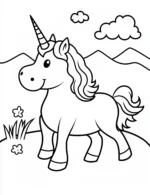 Unicorn in Scenic Landscape with Mountains and Flowers Coloring Page