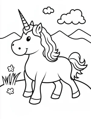 Unicorn in Scenic Landscape with Mountains and Flowers Coloring Page