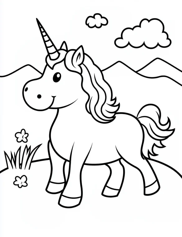 Unicorn in Scenic Landscape with Mountains and Flowers Coloring Page
