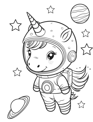 Unicorn in Space Suit Floating in Space with Stars and Planets Coloring Page