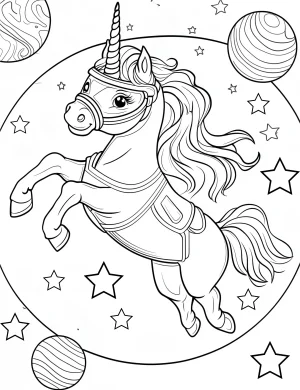 Unicorn in Space Suit Surrounded by Stars and Planets Coloring Page