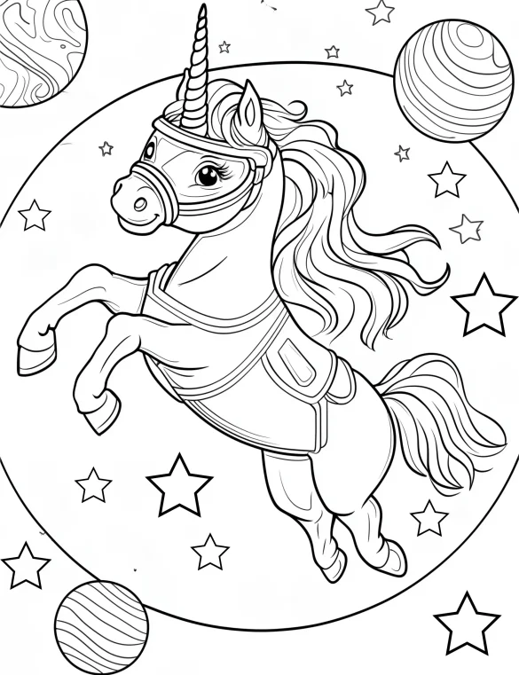 Unicorn in Space Suit Surrounded by Stars and Planets Coloring Page