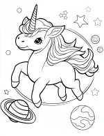 Unicorn in Space with Stars, Planets, and Rings Coloring Page