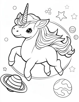 Unicorn in Space with Stars, Planets, and Rings Coloring Page