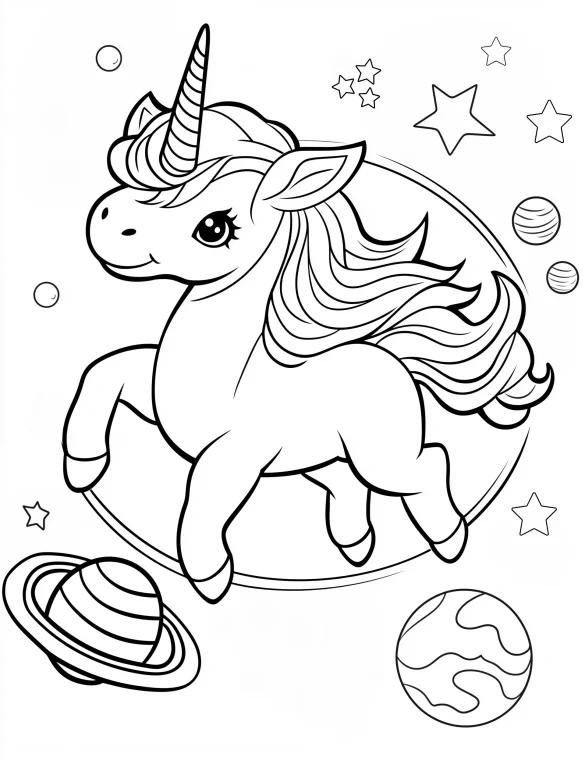 Unicorn in Space with Stars, Planets, and Rings Coloring Page