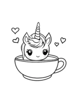 Unicorn in Teacup with Kawaii Style and Hearts Coloring Page
