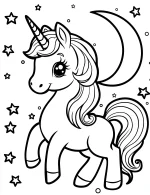 Unicorn in a Starry Night with Moon and Stars Coloring Page