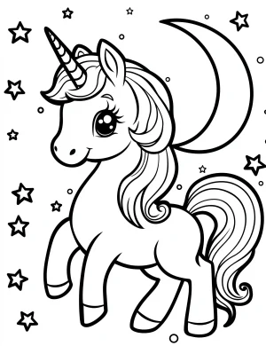Unicorn in a Starry Night with Moon and Stars Coloring Page