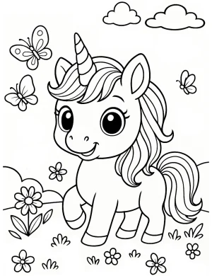 Unicorn with Butterflies and Flowers Coloring Page