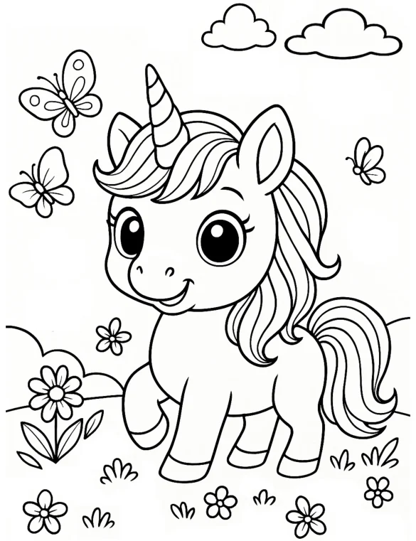 Unicorn with Butterflies and Flowers Coloring Page