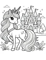 Unicorn with Crown in Front of Fairytale Castle Coloring Page