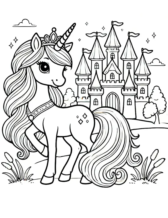 Unicorn with Crown in Front of Fairytale Castle Coloring Page