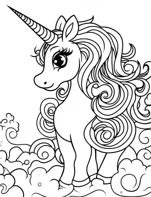 Unicorn with Curly Mane and Tail on Clouds Coloring Page