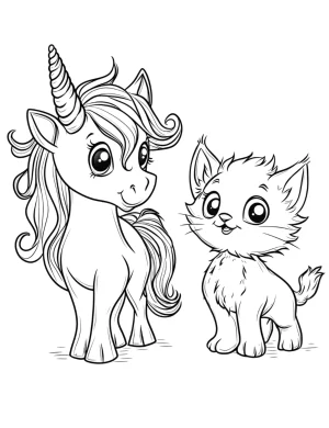 Unicorn with Cute Cat Friends Coloring Page