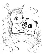 Unicorn with Cute Panda on Rainbow Coloring Page