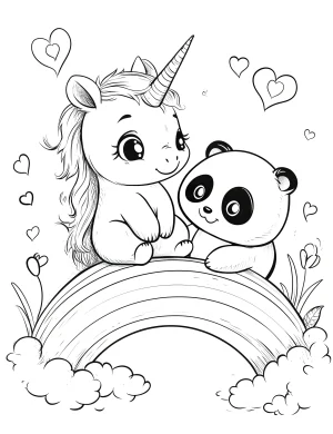 Unicorn with Cute Panda on Rainbow Coloring Page