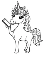 Unicorn with Floral Headband Taking a Selfie Coloring Page