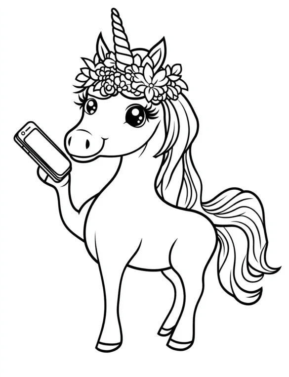 Unicorn with Floral Headband Taking a Selfie Coloring Page
