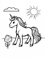 Unicorn with Flower and Sun Coloring Page